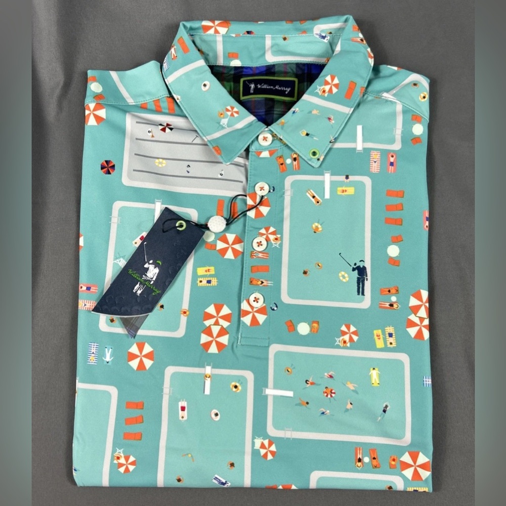 William Murray Golf Shirt Polo Fish Outta Water Print Medium Blue Polyester
